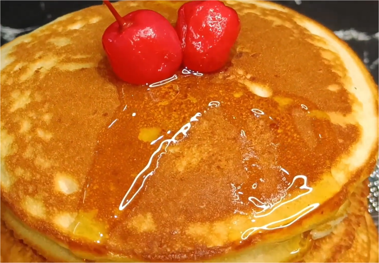 eggless pancake recipe topped with honey and cherry | pan cake ki recipe