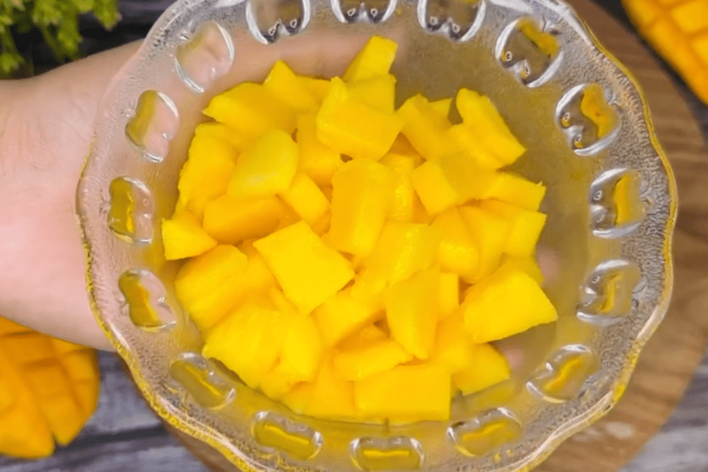 1 mango chunks kept in a bowl kept for garnishing