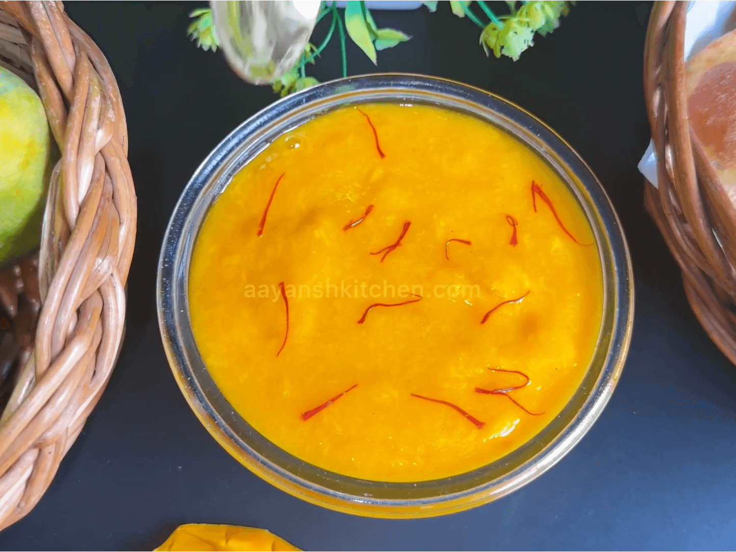 Aamras garnished with saffron strands is ready to be served