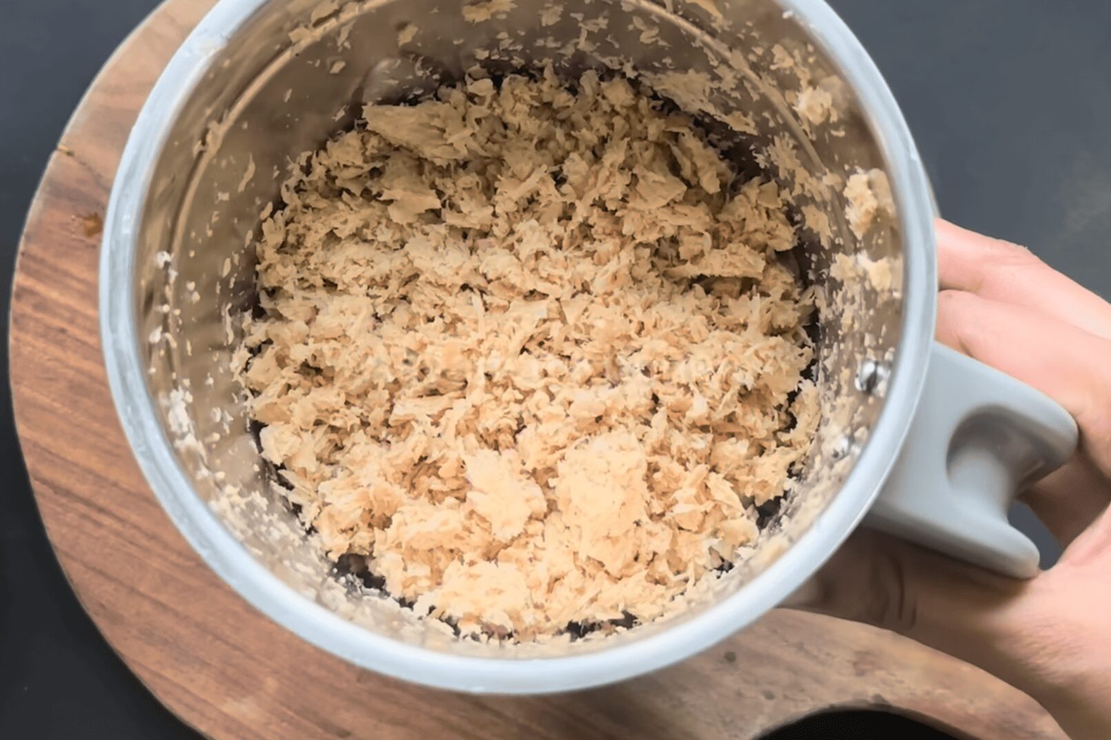 Coarse minced soya chunks in a mixer grinding jar resembling keema texture
